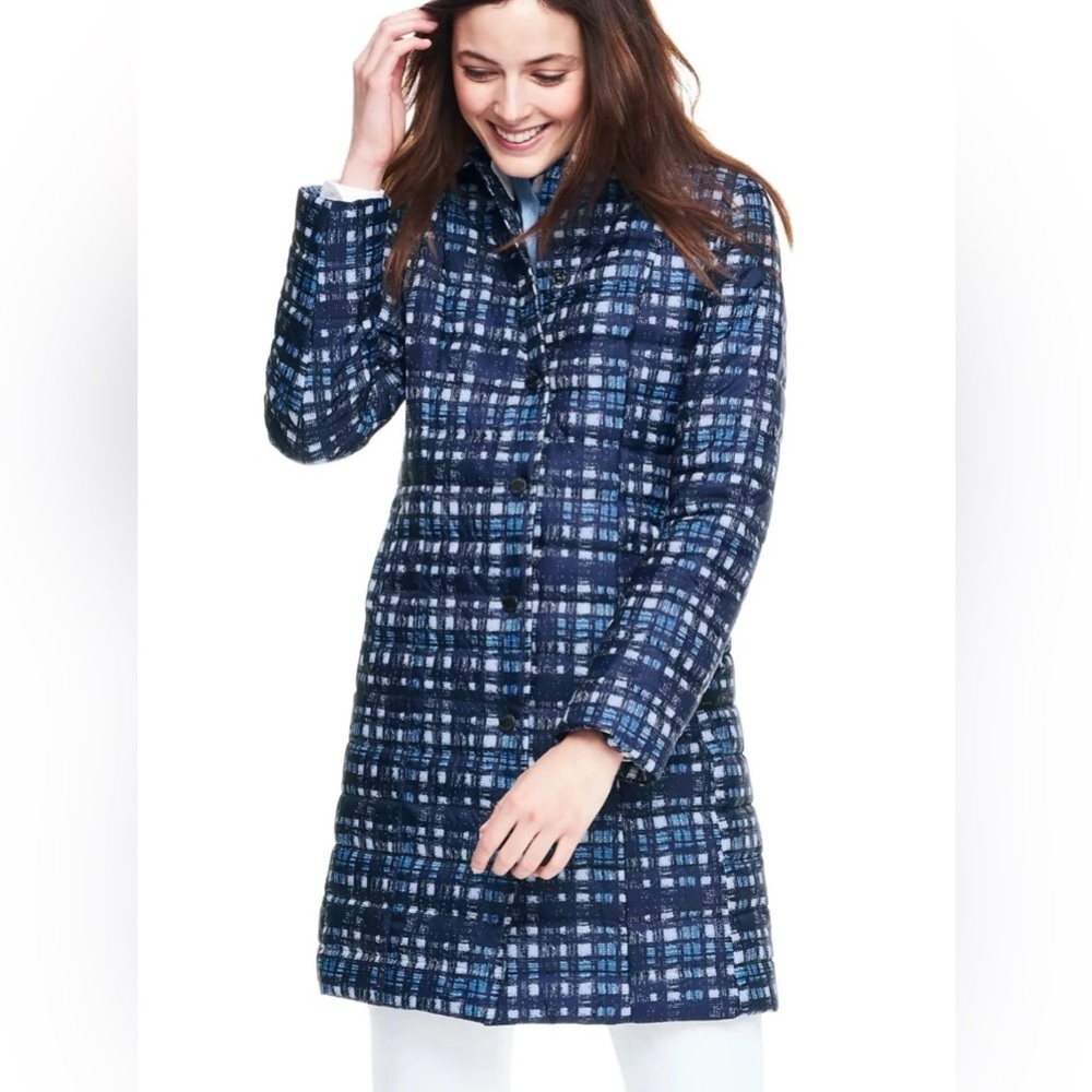 Lands End Women’s Blue Plaid Primaloft Lightweight Trench‎ Coat Jacket Size 4